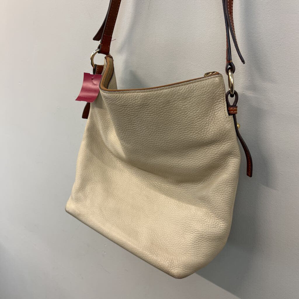 Dooney and Bourke Cream Pebbled Leather Brown Trim Crossbody Purse