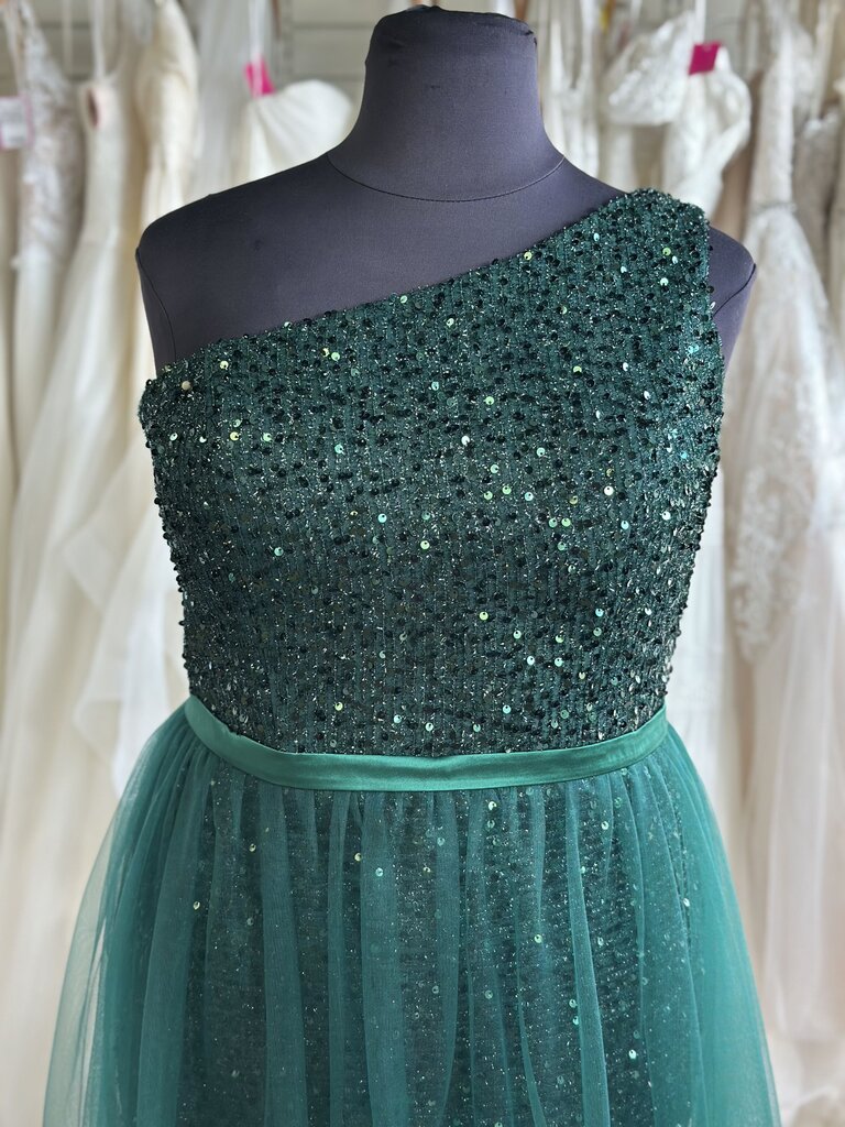 Green Sequin One Shoulder Lace Up Back Long Formal Dress 18