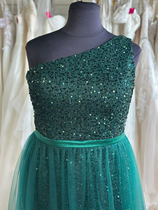 Green Sequin One Shoulder Lace Up Back Long Formal Dress 18