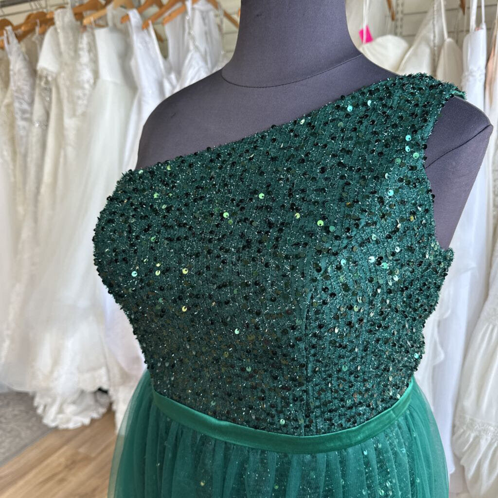 Green Sequin One Shoulder Lace Up Back Long Formal Dress 18