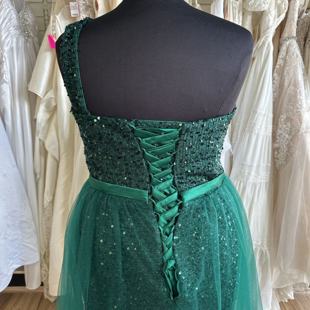 Green Sequin One Shoulder Lace Up Back Long Formal Dress 18