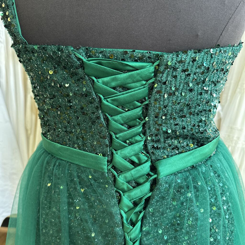 Green Sequin One Shoulder Lace Up Back Long Formal Dress 18