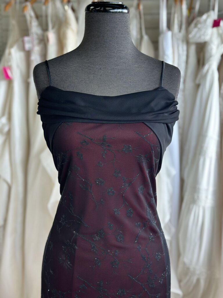 Helene Blake Evening Red/ Black Sparkle Print Overlay Long Formal Dress 12