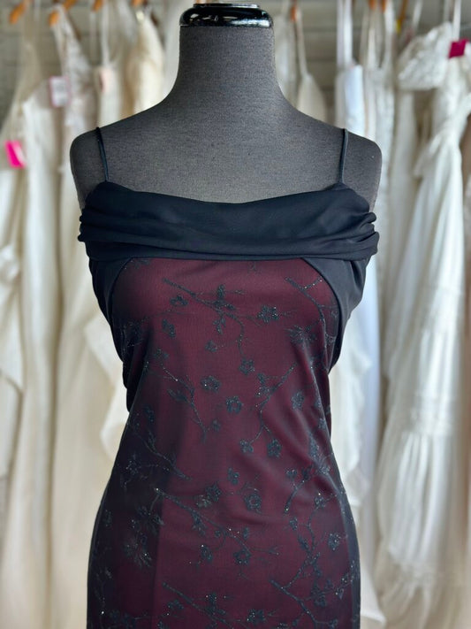 Helene Blake Evening Red/ Black Sparkle Print Overlay Long Formal Dress 12