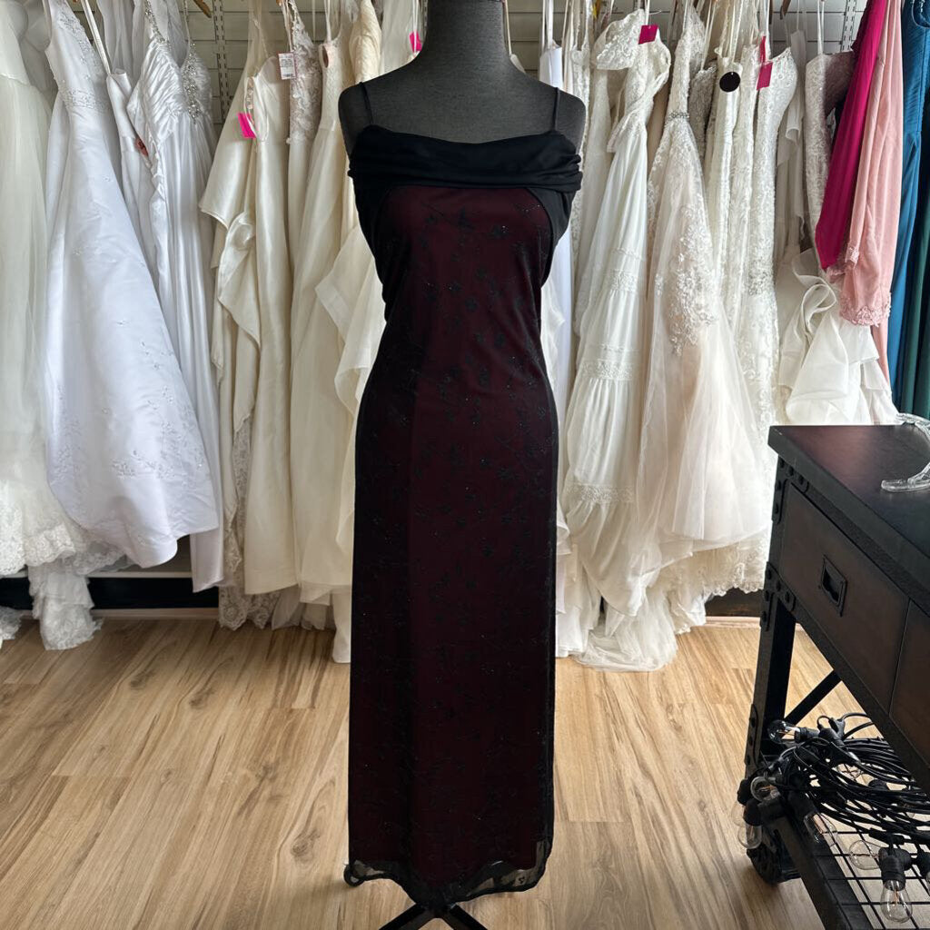 Helene Blake Evening Red/ Black Sparkle Print Overlay Long Formal Dress 12