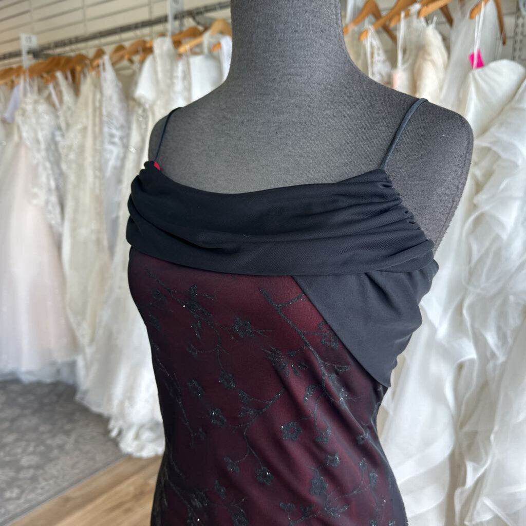 Helene Blake Evening Red/ Black Sparkle Print Overlay Long Formal Dress 12