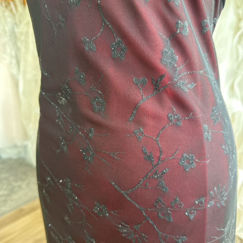 Helene Blake Evening Red/ Black Sparkle Print Overlay Long Formal Dress 12