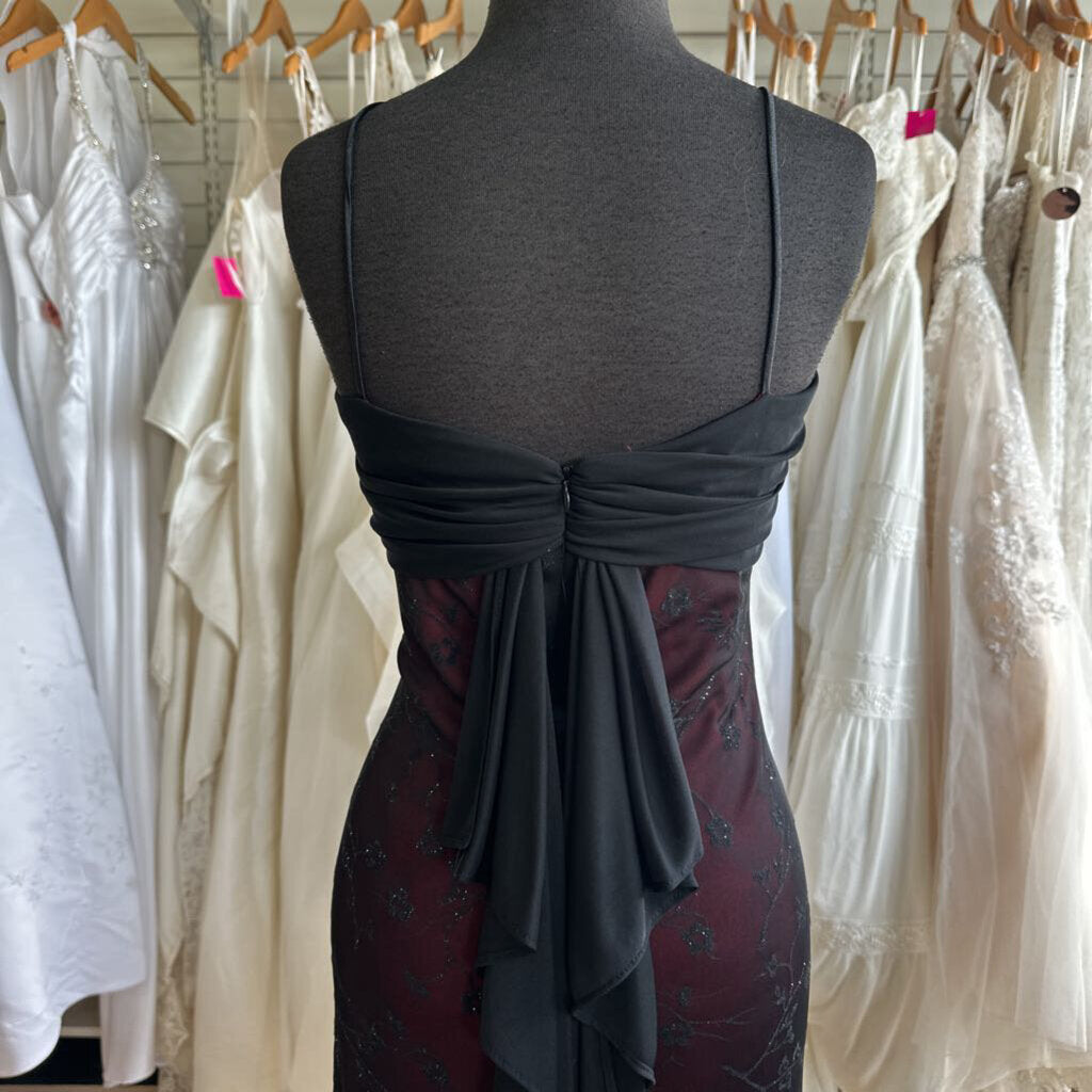 Helene Blake Evening Red/ Black Sparkle Print Overlay Long Formal Dress 12