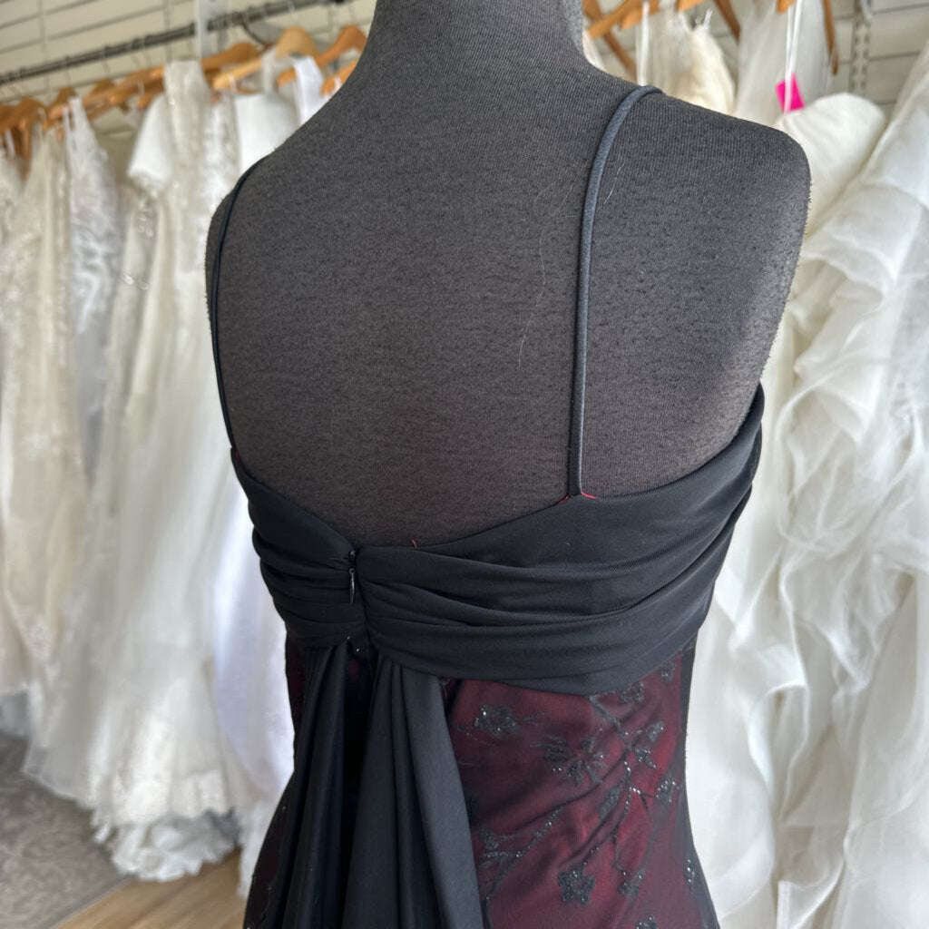Helene Blake Evening Red/ Black Sparkle Print Overlay Long Formal Dress 12