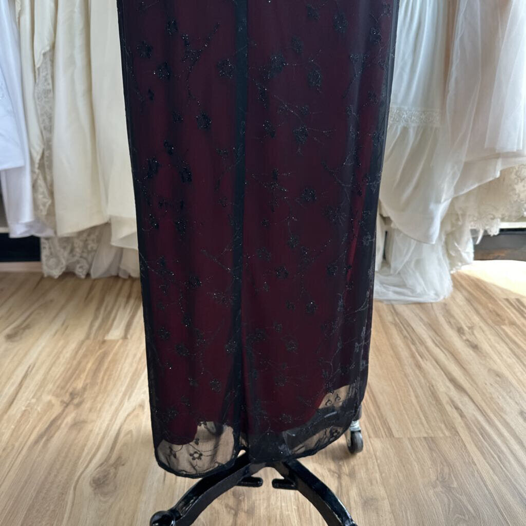 Helene Blake Evening Red/ Black Sparkle Print Overlay Long Formal Dress 12