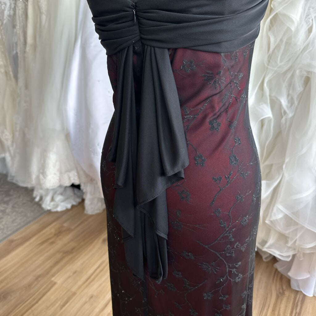 Helene Blake Evening Red/ Black Sparkle Print Overlay Long Formal Dress 12