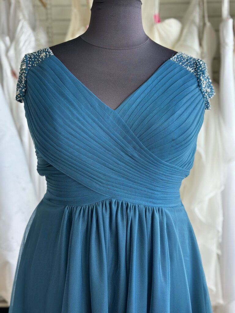 Teal Blue Tulle Sparkle Cap Sleeve High Low Formal Dress Large