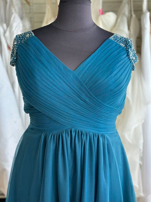 Teal Blue Tulle Sparkle Cap Sleeve High Low Formal Dress Large