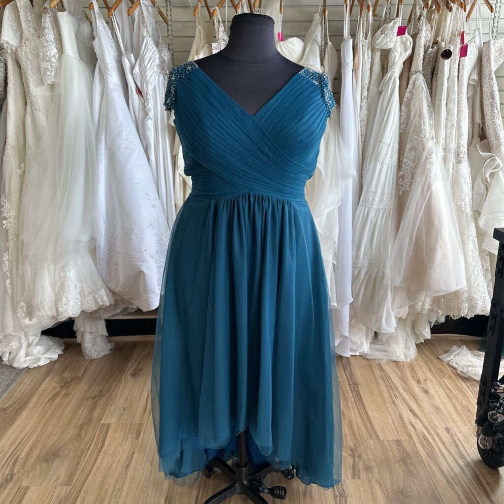 Teal Blue Tulle Sparkle Cap Sleeve High Low Formal Dress Large