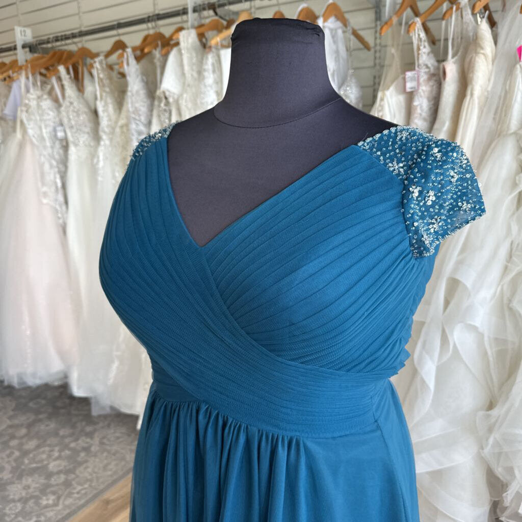 Teal Blue Tulle Sparkle Cap Sleeve High Low Formal Dress Large