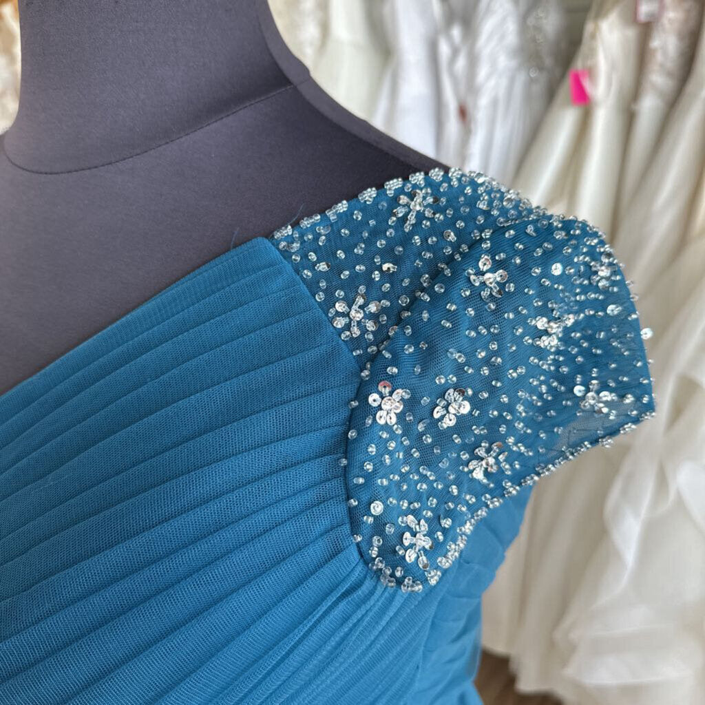 Teal Blue Tulle Sparkle Cap Sleeve High Low Formal Dress Large