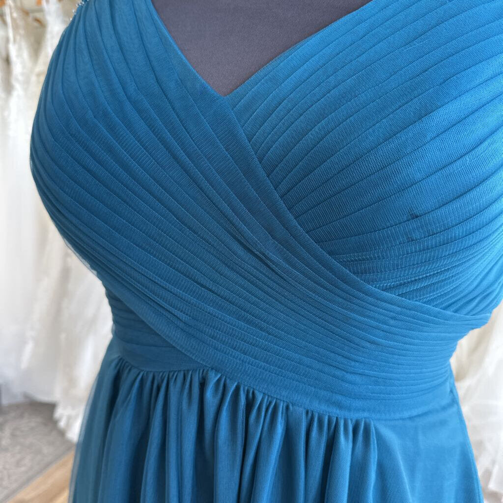 Teal Blue Tulle Sparkle Cap Sleeve High Low Formal Dress Large