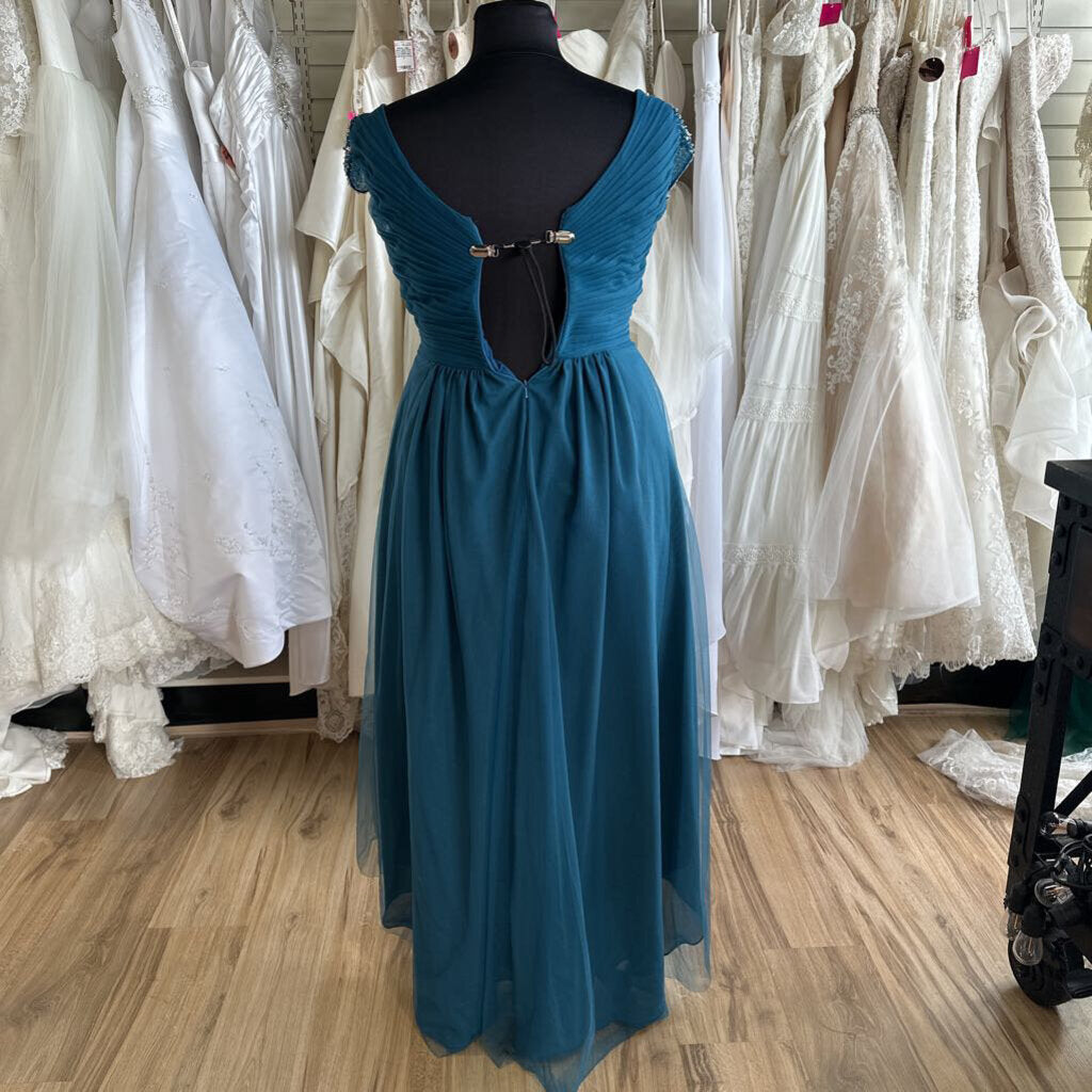 Teal Blue Tulle Sparkle Cap Sleeve High Low Formal Dress Large