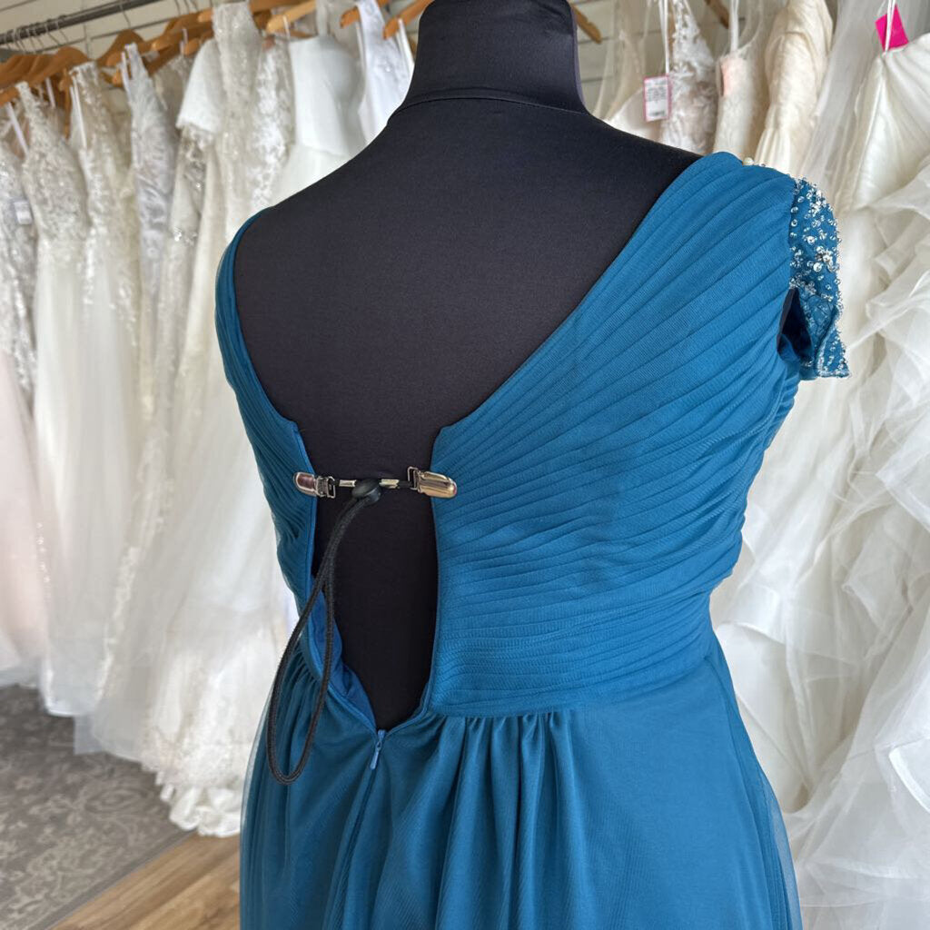 Teal Blue Tulle Sparkle Cap Sleeve High Low Formal Dress Large