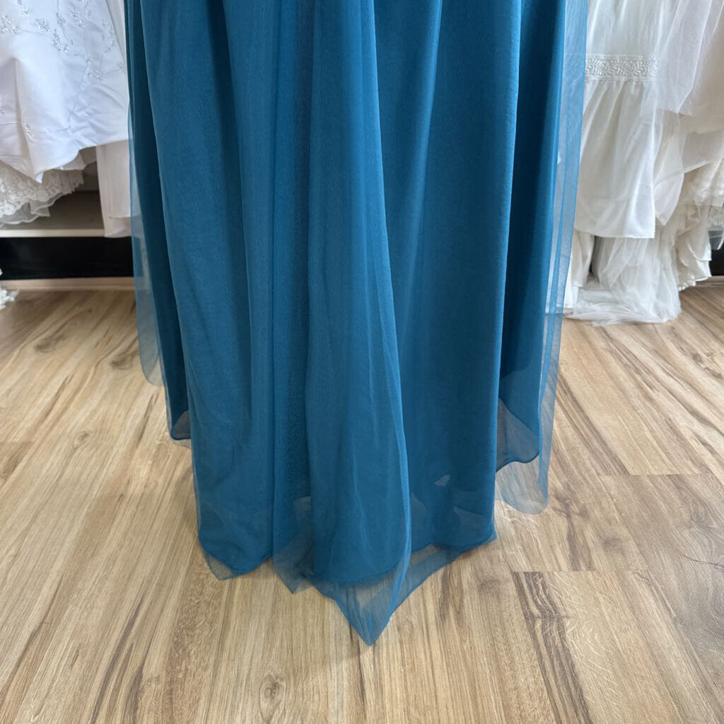 Teal Blue Tulle Sparkle Cap Sleeve High Low Formal Dress Large