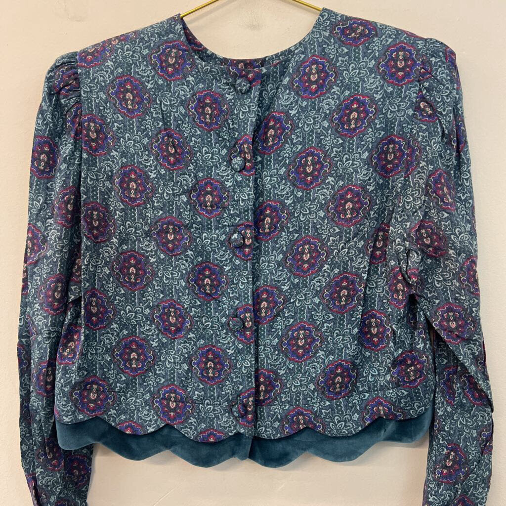 Vintage Karin Stevens Blue/ Multi Cropped Long Sleeve Top 8
