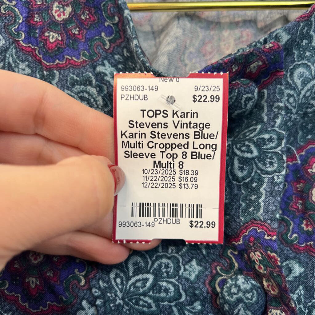 Vintage Karin Stevens Blue/ Multi Cropped Long Sleeve Top 8