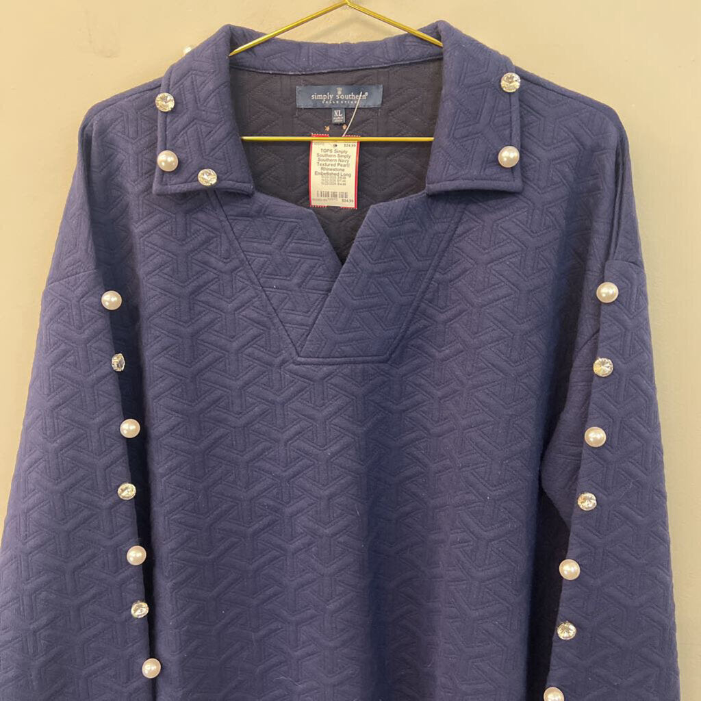 Simply Southern Navy Textured Pearl/ Rhinestone Embellished Long Sleeve Top Extra Large