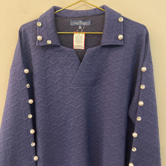 Simply Southern Navy Textured Pearl/ Rhinestone Embellished Long Sleeve Top Extra Large