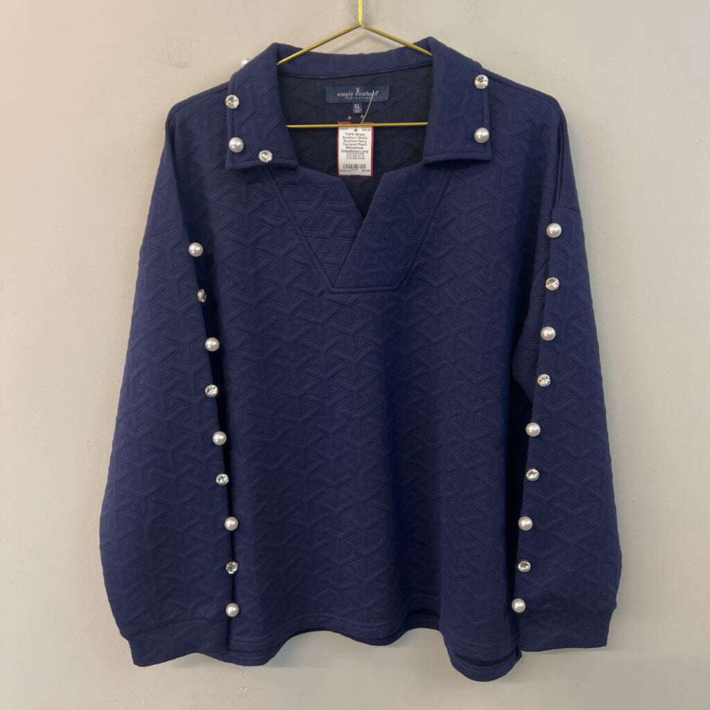 Simply Southern Navy Textured Pearl/ Rhinestone Embellished Long Sleeve Top Extra Large