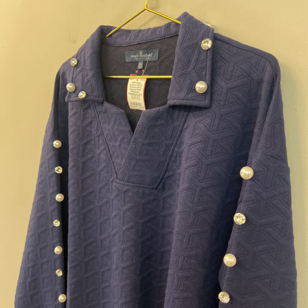 Simply Southern Navy Textured Pearl/ Rhinestone Embellished Long Sleeve Top Extra Large