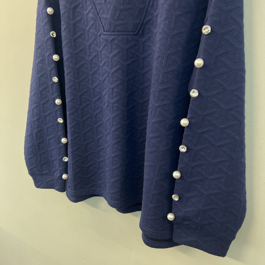 Simply Southern Navy Textured Pearl/ Rhinestone Embellished Long Sleeve Top Extra Large