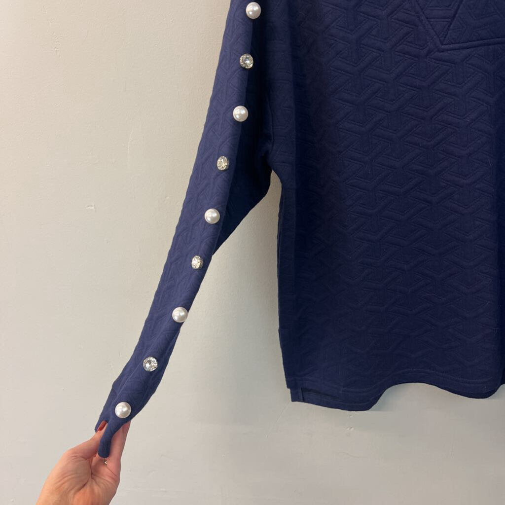 Simply Southern Navy Textured Pearl/ Rhinestone Embellished Long Sleeve Top Extra Large