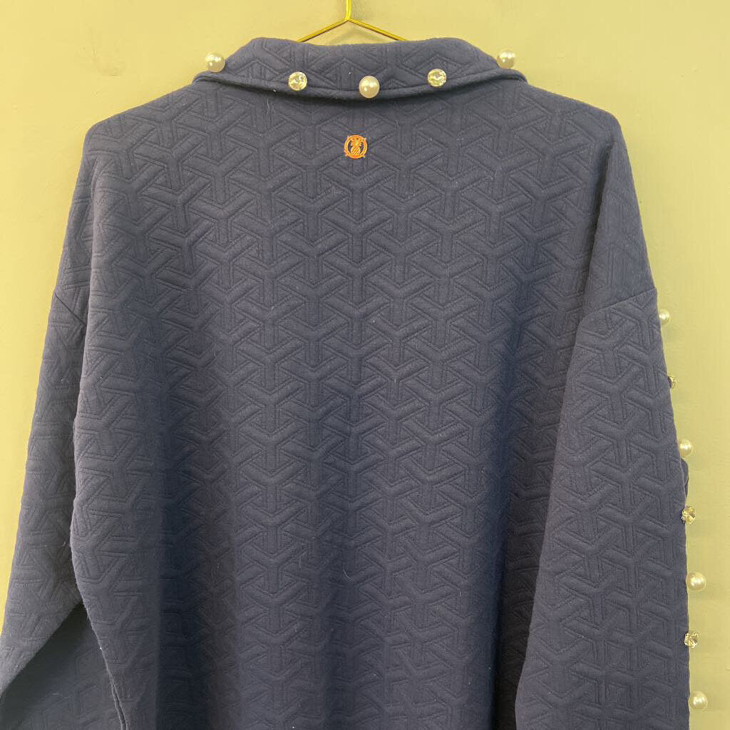 Simply Southern Navy Textured Pearl/ Rhinestone Embellished Long Sleeve Top Extra Large