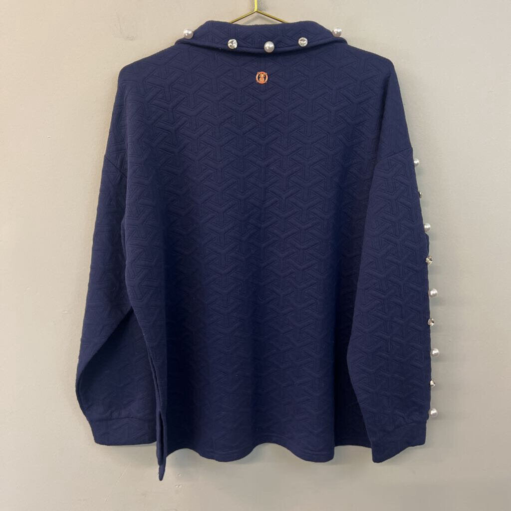 Simply Southern Navy Textured Pearl/ Rhinestone Embellished Long Sleeve Top Extra Large