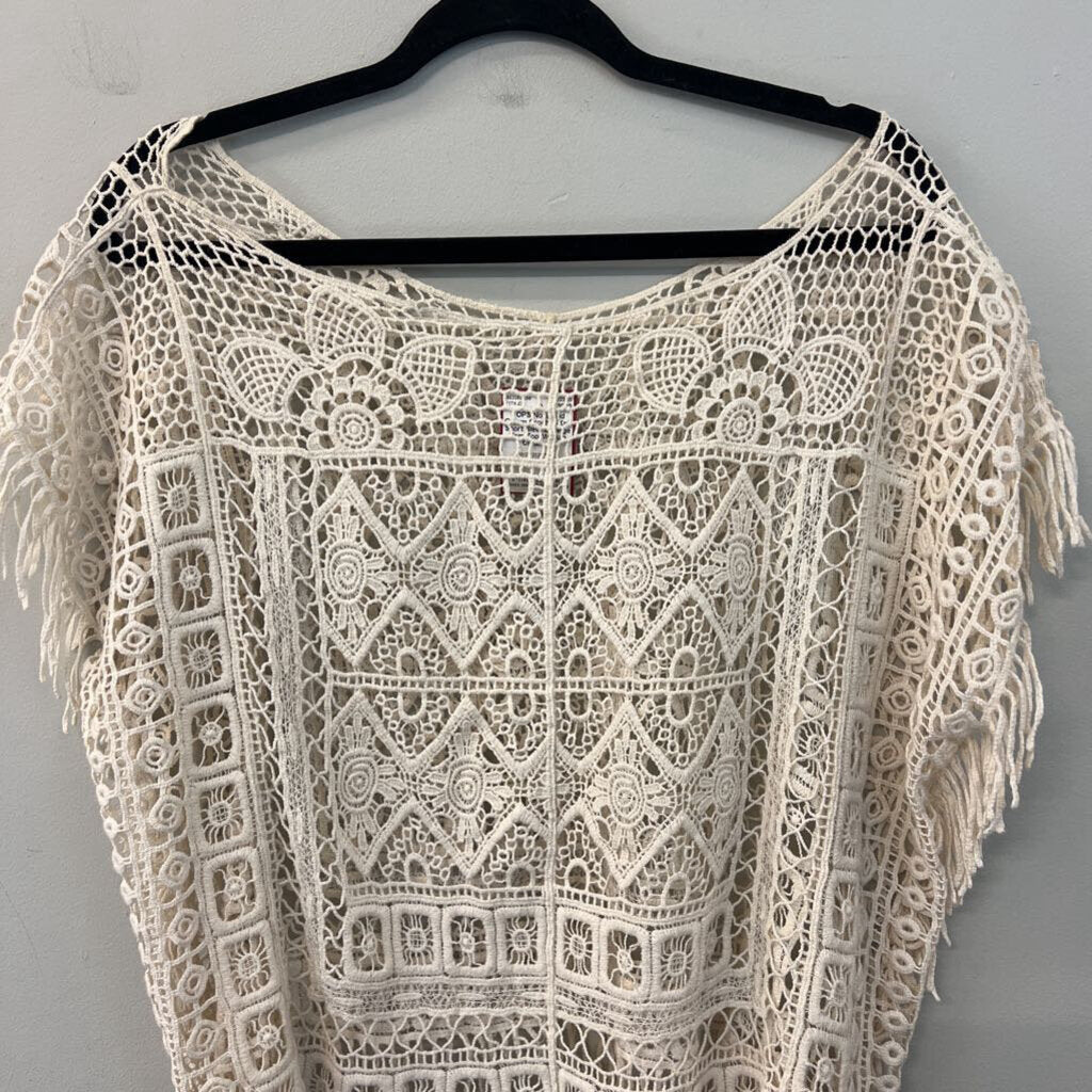 Cream Crochet Knit Short Sleeve Fringe Hem Top Medium