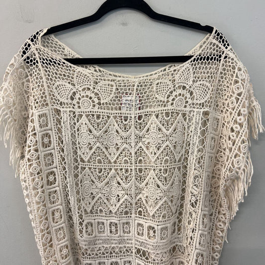 Cream Crochet Knit Short Sleeve Fringe Hem Top Medium