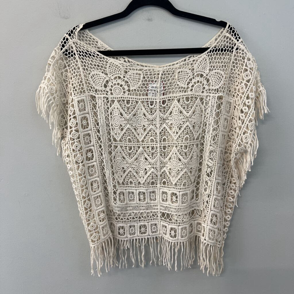 Cream Crochet Knit Short Sleeve Fringe Hem Top Medium