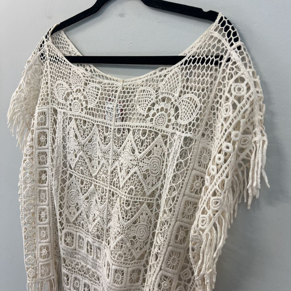 Cream Crochet Knit Short Sleeve Fringe Hem Top Medium