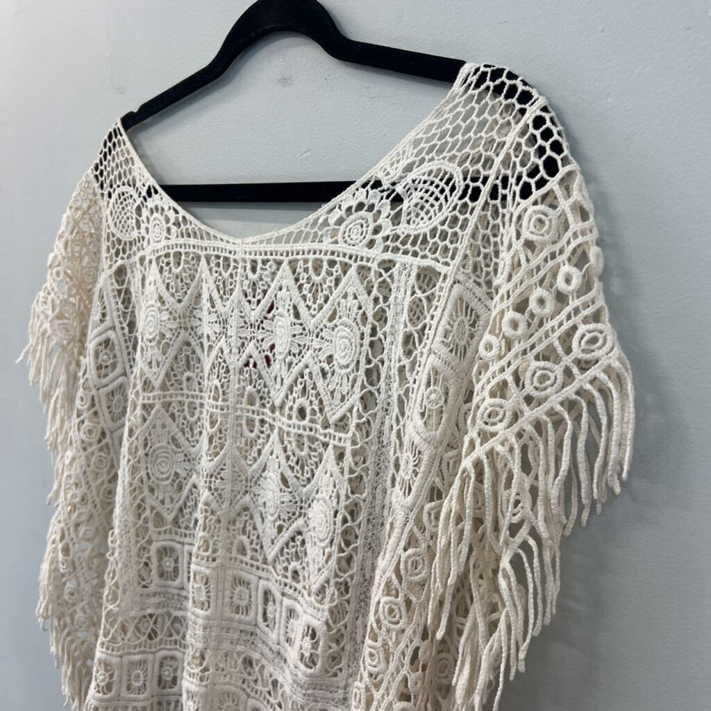 Cream Crochet Knit Short Sleeve Fringe Hem Top Medium