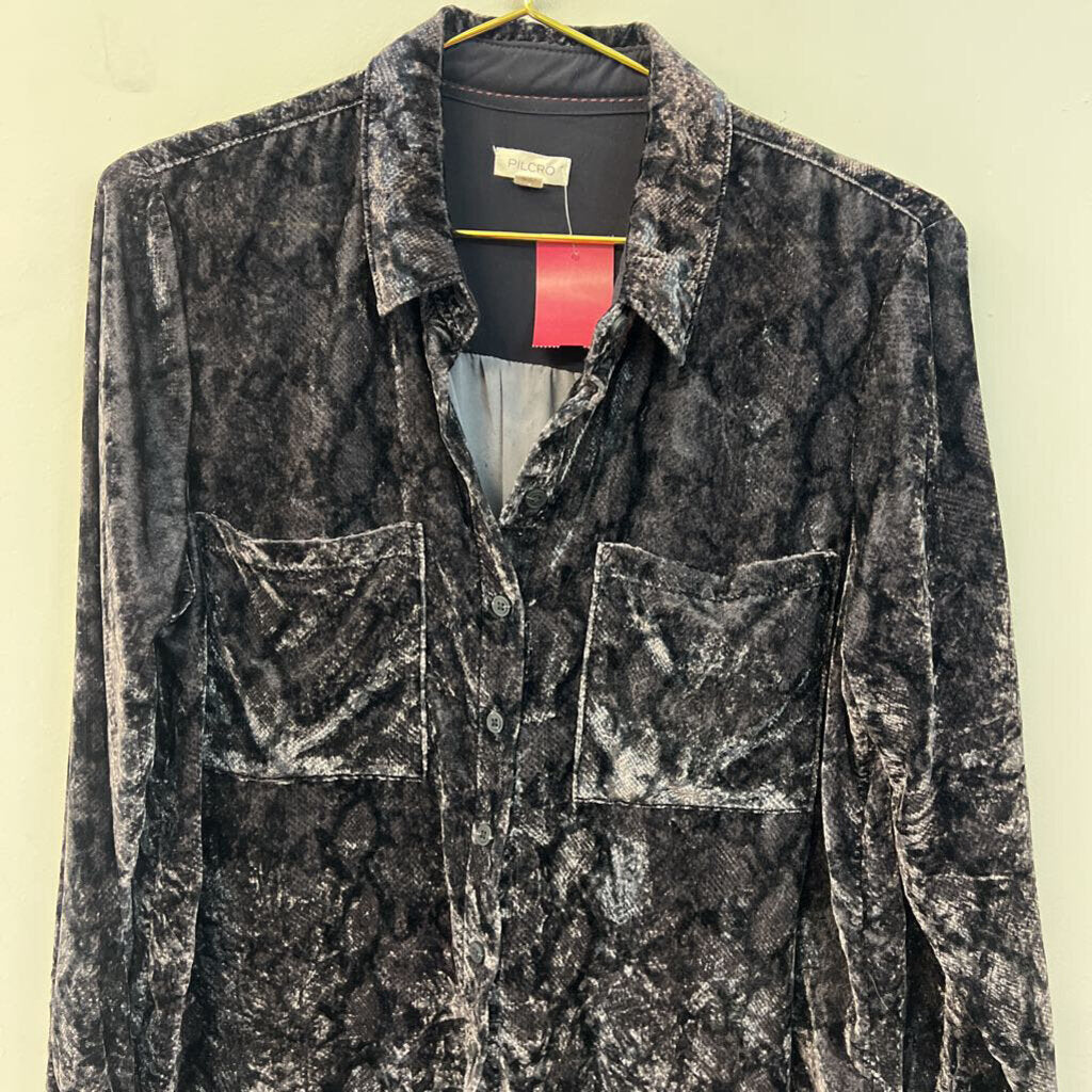 Pilcro Grey Velvet Snakeskin Print Long Sleeve Button Down Top Small Petite