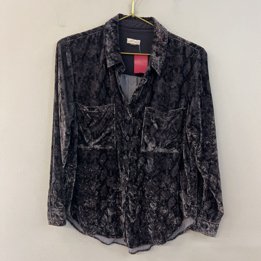 Pilcro Grey Velvet Snakeskin Print Long Sleeve Button Down Top Small Petite