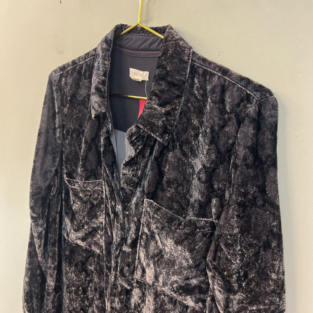 Pilcro Grey Velvet Snakeskin Print Long Sleeve Button Down Top Small Petite