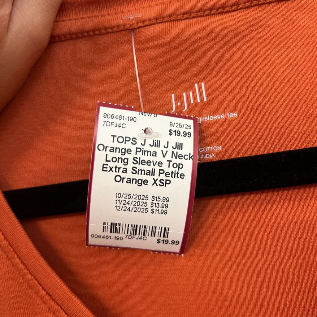J Jill Orange Pima V Neck Long Sleeve Top Extra Small Petite