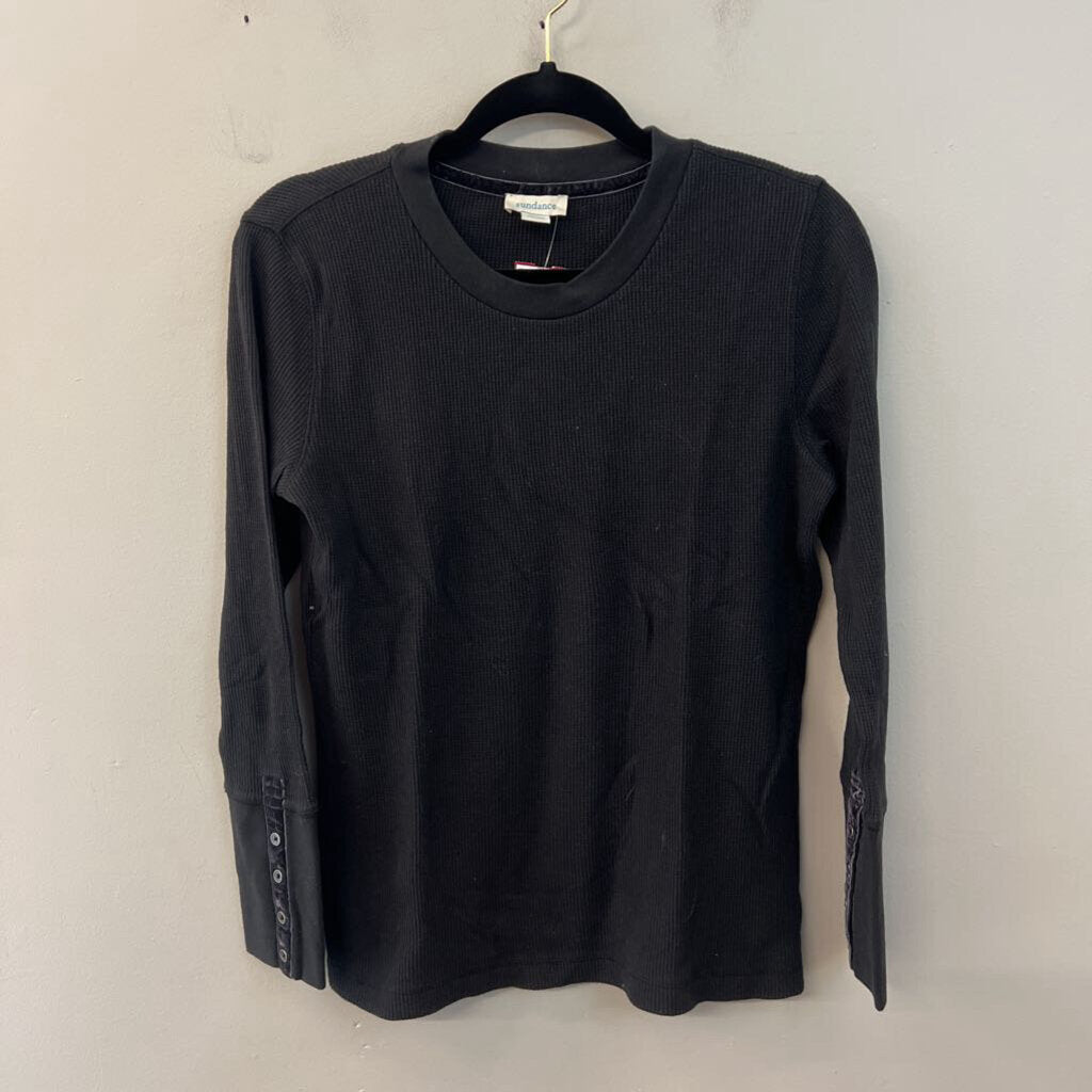 Sundance Black Waffle Knit Long Sleeve Top Medium Petite