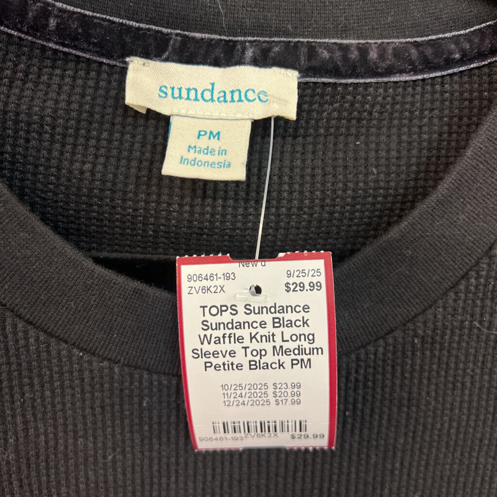 Sundance Black Waffle Knit Long Sleeve Top Medium Petite