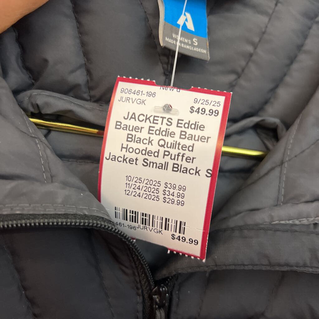 Eddie Bauer Black Quilted Hooded Puffer Jacket Small