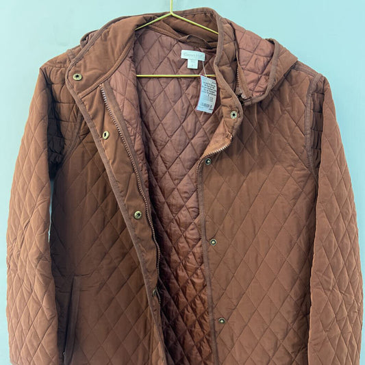 Garnet Hill Brown Quilted Long Zip Up Hooded Jacket Small