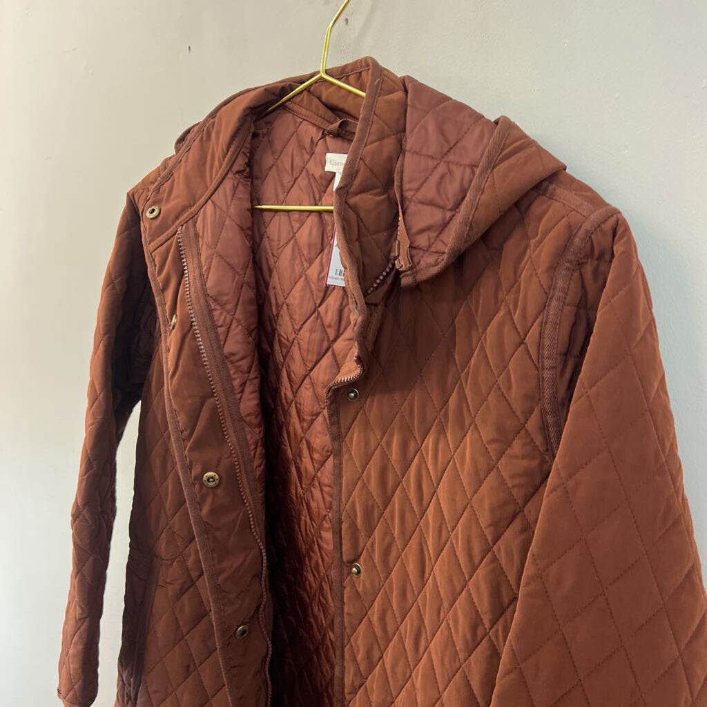 Garnet Hill Brown Quilted Long Zip Up Hooded Jacket Small