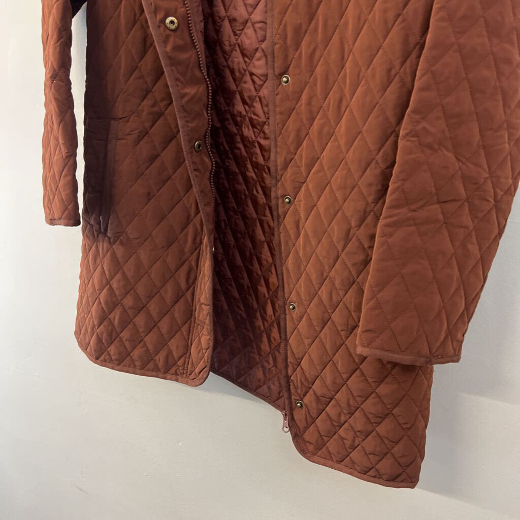 Garnet Hill Brown Quilted Long Zip Up Hooded Jacket Small