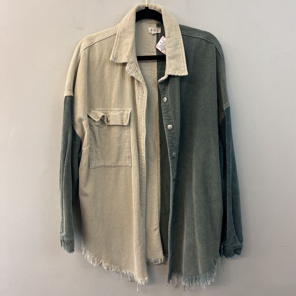 POL Cream/ Green Corduroy Color Block Shacket Top Medium